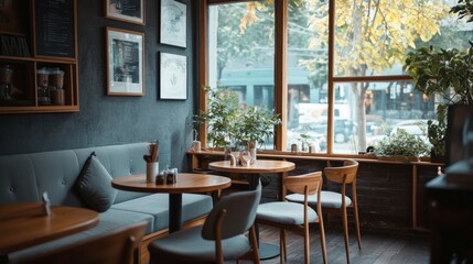 A picturesque coffee shop with wooden tables, gray upholstered seating, and large windows, offering a comfortable and stylish environment