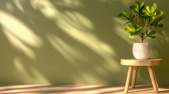 Cutout of an indoor plant in a pot on a wooden stool