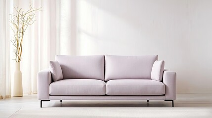 Minimal furniture idea. Contemporary light-colored sofa in a minimalistic living room.