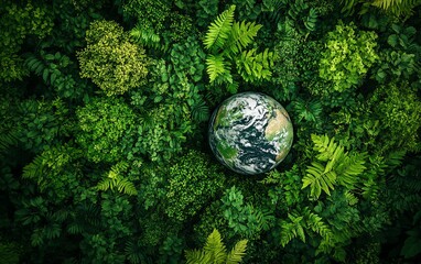 Sustainable environment concept with a top view of lush green forest and Earth, highlighting carbon reduction emissions targets and ecofriendly energy solutions
