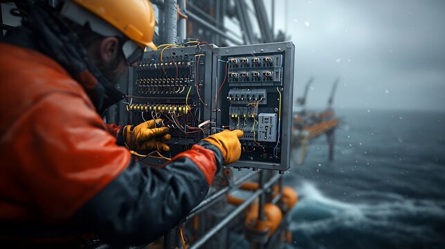 Offshore electricians troubleshooting complex electrical systems on an offshore drilling rig skilled technicians in reflective safety gear examining control panels and wiring diagrams