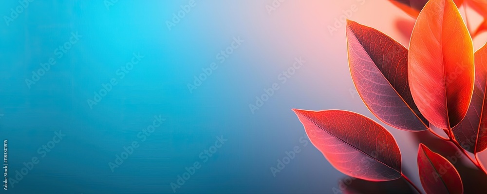 Poster Scenery abstract background idea. Vibrant red leaves against a soft blue background, creating a striking visual contrast.