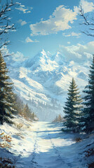 Fototapeta premium serene snowy valley with majestic mountains and evergreen trees