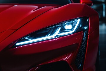 A close-up view of a red sports car headlight, showcasing sleek LED lighting and a glossy finish on a dark background. Concept of luxury. Ai generative
