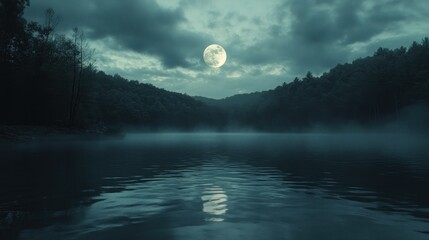Fototapeta premium Moonlit lake, misty forest, night scene, calm water, spooky background, Halloween
