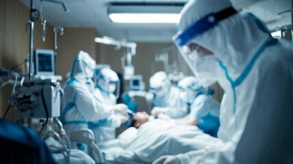Medical workers in full protective gear attending to a patient in a busy hospital, The healthcare worker is face shield blurred background of medical equipment and colleagues.
