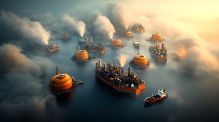 Aerial view of a vast offshore oil and gas terminal complex featuring multiple tankers and storage tanks surrounded by an expansive industrial landscape captured with a cinematic style and vibrant