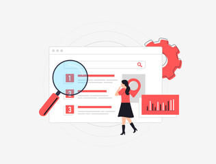 SEO results page concept. Young girl analyzing top search engine rankings. Website choices, charts and ranking icons, perfect for digital marketing and online visibility topics. Vector illustration.