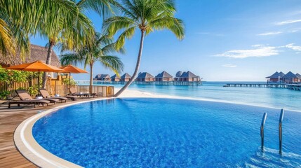 Tropical Island Poolside Relaxation Overwater bungalows, sunny sky, vacation