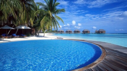 Obraz premium Tropical island pool, overwater bungalows, azure ocean, sunny sky, vacation