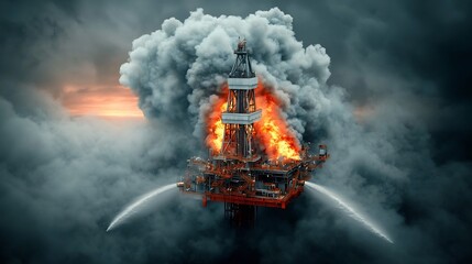 Offshore Oil Rig Firefighters Training for Emergency Response amid Controlled Training Fires at Sunset Grizzled and Determined Crew Members in Fire Resistant Gear Battling Intense Flames Licking at