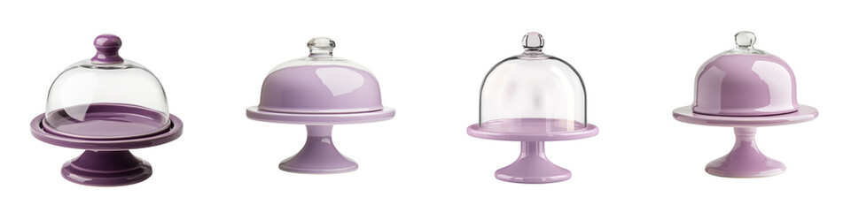 Beautifully arranged display of elegant dome shaped cakes with vibrant colored frosting delicately displayed on tall cake pedestals  The cakes appear to be expertly crafted confections