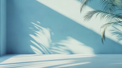 Blue room, sunlight, palm shadows, minimalist backdrop, product display