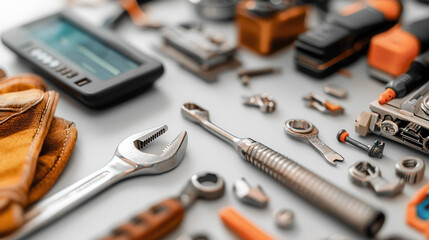 close up of car repair toolset, showcasing various tools, gloves, and digital device, emphasizing precision and readiness for work