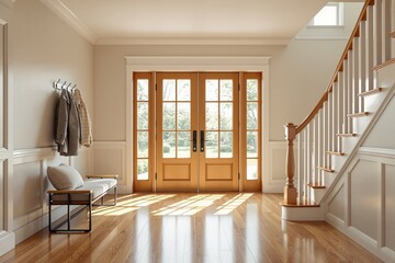 Sunlit entryway with wooden doors, staircase, and a bench with hanging coats, warm and welcoming atmosphere, enhancing home interior aesthetics. Ai generative