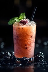 Refreshing Blackberry Smoothie Drink with Mint Garnish on Dark Background