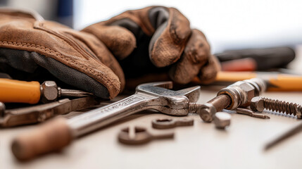 detailed image of mechanics gloves and various tools on workbench, showcasing craftsmanship and readiness for repair tasks