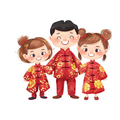 Three smiling children wearing traditional Chinese clothing.