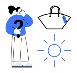 Woman contemplating purchase decision holding a question mark. Large handbag with price tag and sun symbol. Ideal for decision-making, dilemmas, shopping, choices, critical thinking, seasonal
