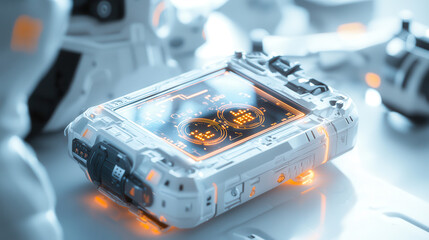 Futuristic handheld diagnostic device with glowing interface and sleek design