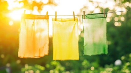 Sheer fabric dyed in ombre shades, hung on a clothesline under bright sunlight.