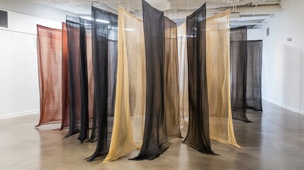 Sheer fabric panels dyed in earthy tones, hung in a gallery as part of an art installation.