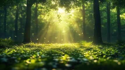 Fototapeta premium A serene forest scene with sunlight filtering through trees, casting soft rays on lush greenery and a tranquil forest floor.