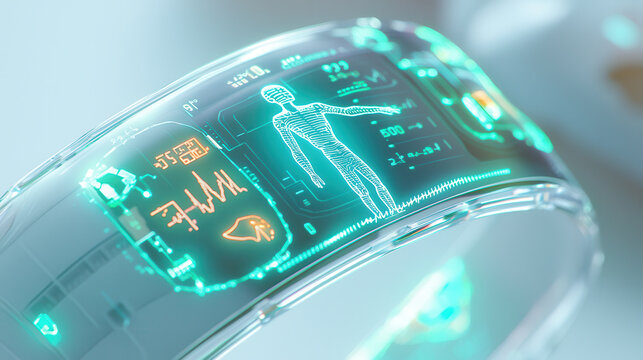 Futuristic wearable health monitor displaying vital signs and data. This innovative device showcases advanced technology for personal health