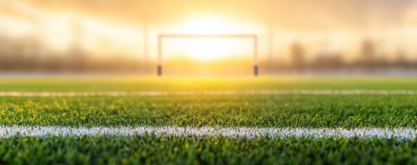 A sunlit soccer field with a goalpost in the background, showcasing vibrant green grass and a serene atmosphere.