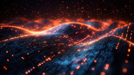 A vibrant, abstract depiction of flowing data waves illuminated by glowing dots, conveying a sense of digital connectivity and movement.