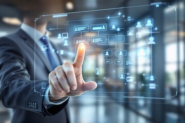 Fototapeta premium A business professional interacts with holographic data charts and icons, modern office environment, technology concept, Ai generative