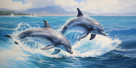 Fototapeta premium Two dolphins playfully leap from the ocean waves near a coastline with mountains in the background.