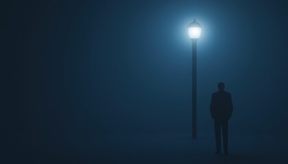 Obraz premium A solitary figure stands under a glowing streetlamp in a foggy, dark setting, creating a mysterious and atmospheric scene.