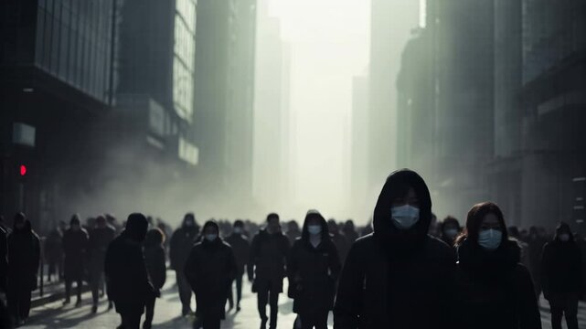 A city shrouded in thick smog, a pedestrian wearing a face mask on a crowded street, blurred skyscrapers in the background barely visible through the haze, soft gray lighting background.