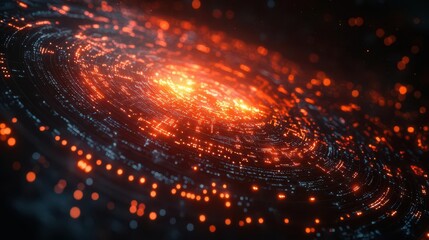 Fototapeta premium A vibrant cosmic scene featuring swirling galaxies and glowing orange lights amidst a dark backdrop, evoking the mysteries of the universe.