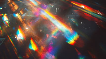 Prismatic light leaks with rainbow bokeh on dark background