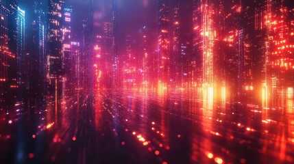Fototapeta premium A vibrant, futuristic cityscape with glowing lights and reflections, creating an immersive digital atmosphere.