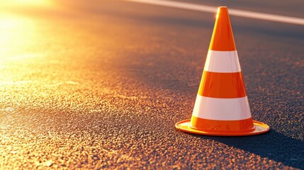 A bright orange traffic cone sits on a sunlit road, signaling caution and marking a specific area for safety.