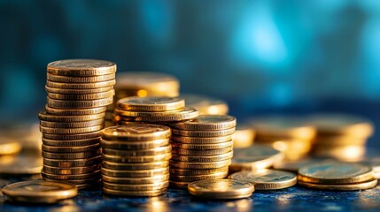 Gold coin stacks with a blue bokeh background, evoking prosperity and wealth