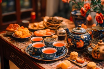 Naklejka premium Ornate Chinese New Year Tea Ceremony with Traditional Teaware and Symbolic Treats