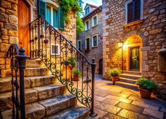 Fototapeta premium Old Brick Building, Cast Iron Gate & Staircase, Budva, Montenegro - Vertical Street View