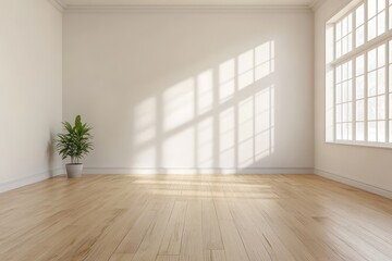 Sunlight streams into empty room, hardwood floor, plant, design