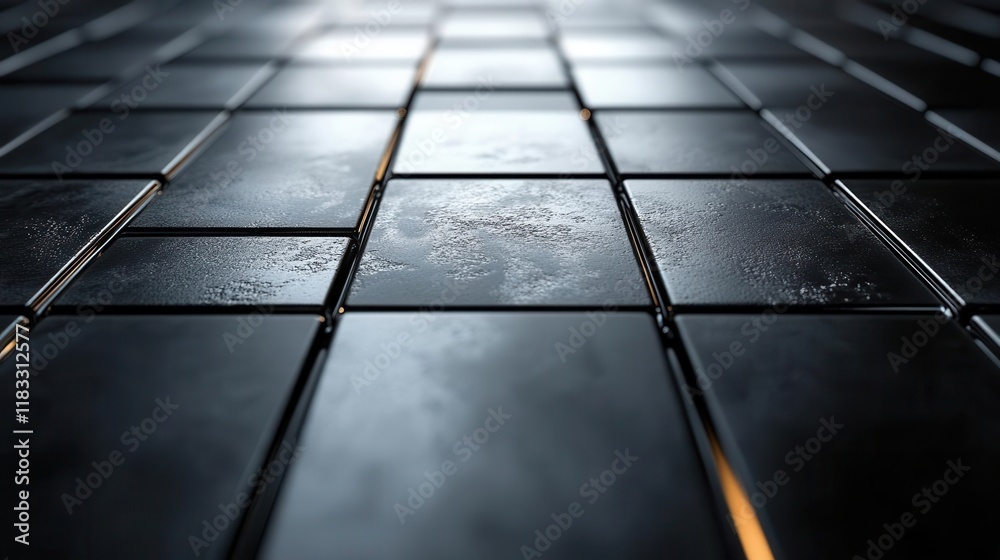 Poster a close-up view of dark metallic tiles arranged in a grid, highlighting texture and reflections in a