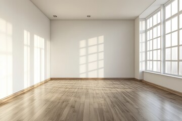 Sunlight streams into empty room, hardwood floor, white walls, large window, interior design