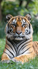 Fototapeta premium Majestic tiger resting in green jungle, showcasing intense gaze and beauty
