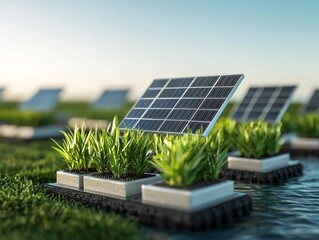 Fototapeta premium Futuristic offshore floating solar farm with advanced modular solar panel system suspended on the open sea showcasing clean renewable energy technology with a geometric grid pattern