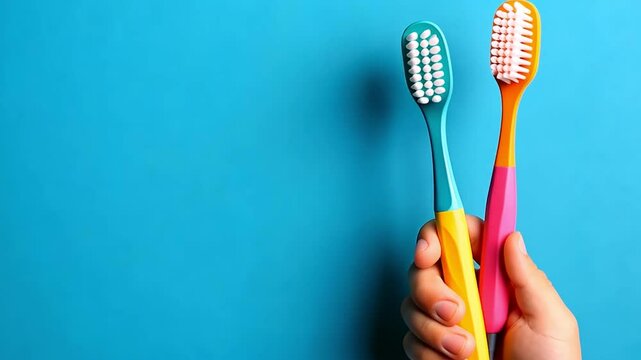 A vibrant image of colorful toothbrushes held against a blue background.