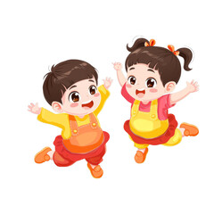 Two happy children jumping with joy, isolated on a black background.