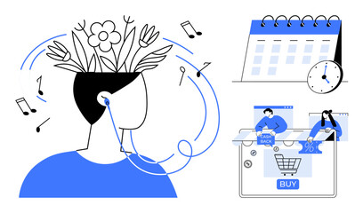 Person with flowers growing from head wearing earbuds, music notes surrounding. Calendar, clock, online shopping. Ideal for wellness, productivity, time management, e-commerce work-life balance