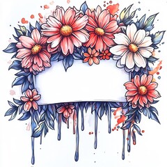 Obraz premium Vibrant Hand-Drawn Floral Illustration: Intricate Design with Blank Banner. AI Generated